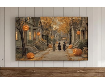 Spooky Town Frame TV Wall Art, Halloween Screensaver, Vintage Town Street, Autumn Painting, Fall Samsung Background, Thanksgiving