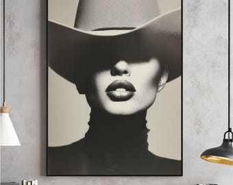 Halftone Cowgirl Wall Art, Edgy Black and White Photography Poster, Minimalist Cowboy Print, Western Decor, Digital Download