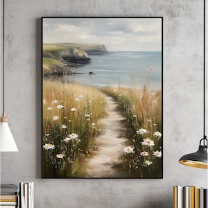 Coastal White Wildflower Painting Wall Art, Summer Vintage Beach Farmhouse Print, Moody Floral Landscape Digital, Flower Field Spring Sea