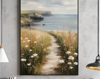 Veldschildering met wilde bloemen aan de kust, strandlandschapskunst (digitale download)
