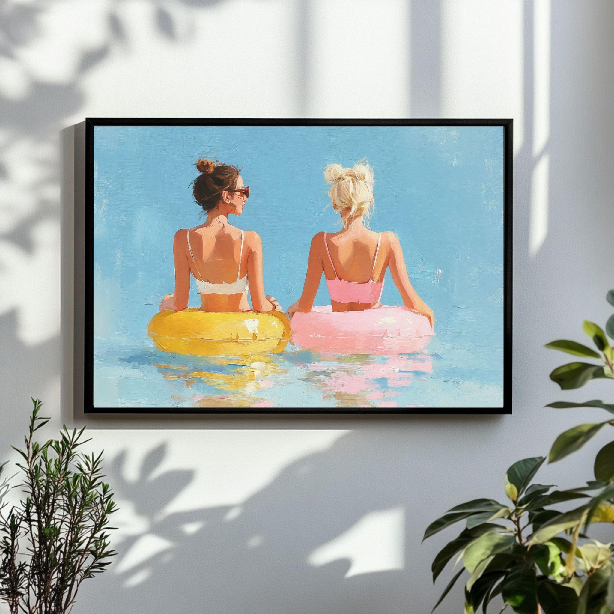 Two Girls in Inner Tubes Wall Art, Pastel Summer Pool Print, Beach ...