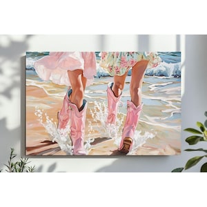 Pink & Preppy Cowgirl Boots Wall Art, Girly Trendy Oil Painting, Cowgirl Boots Ocean Coastal, Dorm Room, Digital Download, PRINTABLE