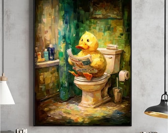 Impresión divertida de un pato leyendo en el inodoro, arte infantil divertido (descarga digital)