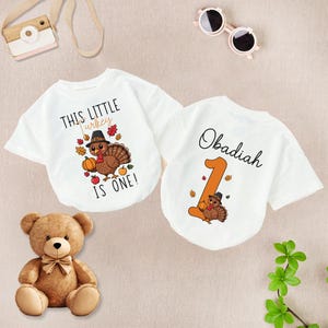 Personalized This Little Turkey Is One Baby Romper Short Sleeves, Turkey 1St Birthday Bodysuit, 1St Thanksgiving Romper, Fall Baby Outfit