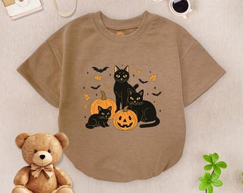 Black Cat Pumpkin Baby Romper Short Sleeves, Spooky Season Baby Bodysuit, Pumpkin Cat Baby Bodysuit, Spooky Halloween Romper