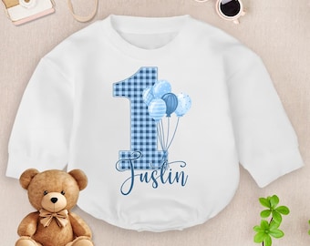 Personalized Blue Balloon Birthday Baby Romper, Birthday Boy Baby Bodysuit, Birthday Balloons Theme, Birthday Baby Outfit