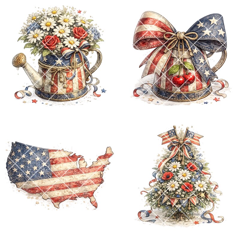 Americana 4th of July Clipart Bundle Watercolor Patriotic PNG Sketch ...