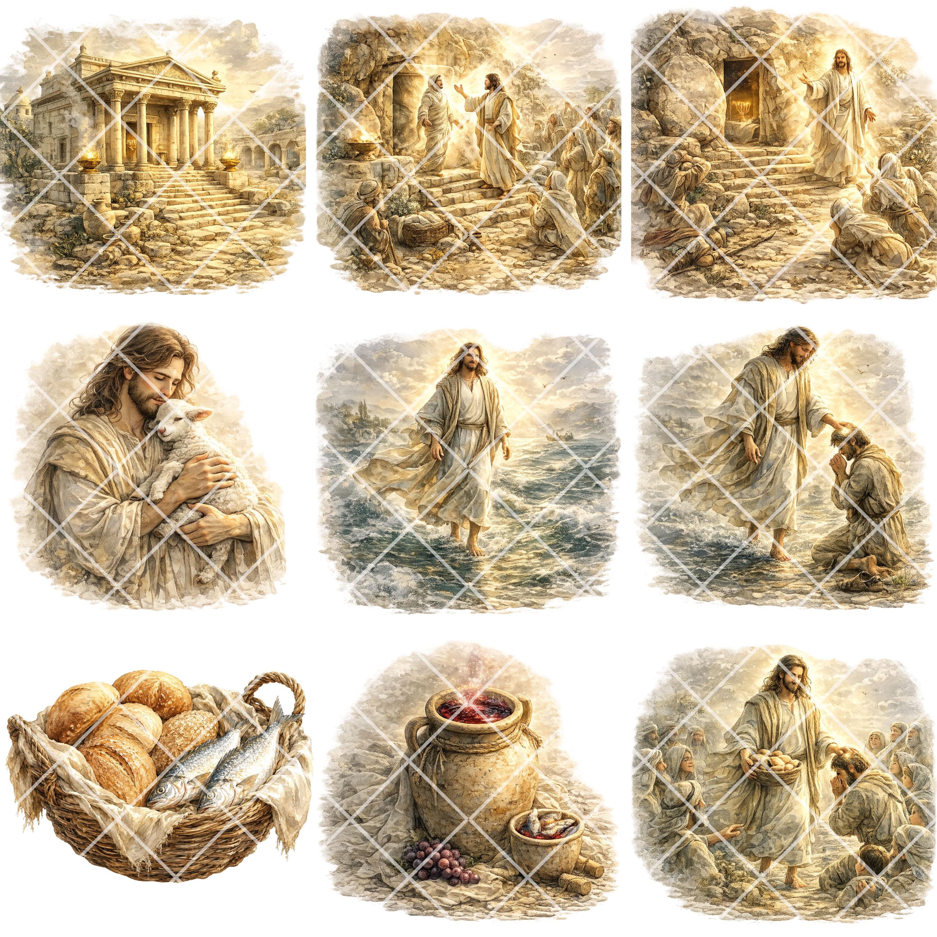 Miracles of Jesus Watercolor Clipart Bundle 50 PNG Biblical Bible Story ...