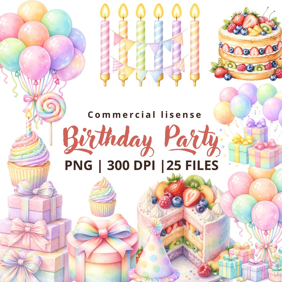 Birthday Party Clipart Bundle, Pastel Balloons, Cake, Gifts Graphics ...