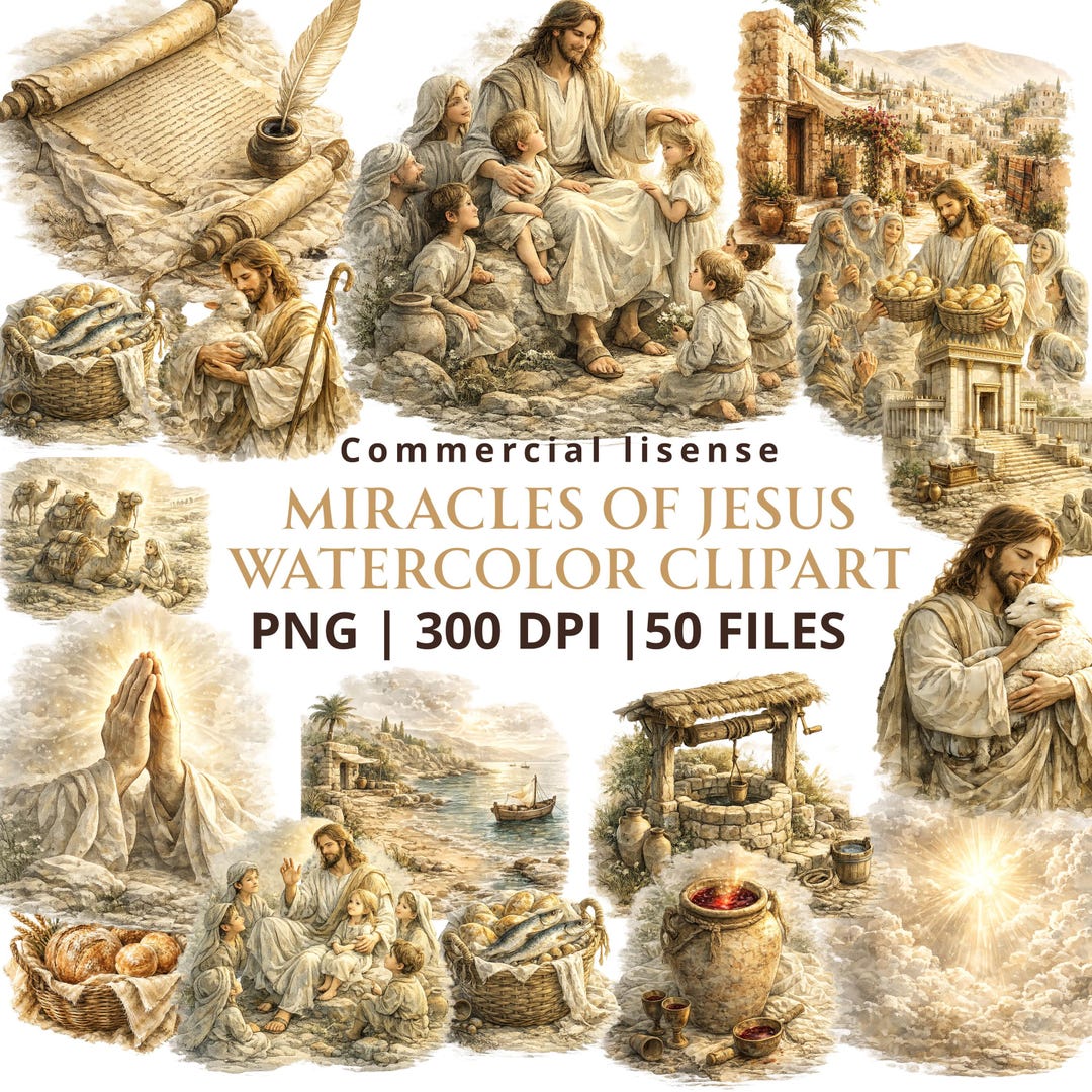 Miracles of Jesus Watercolor Clipart Bundle 50 PNG Biblical Bible Story ...