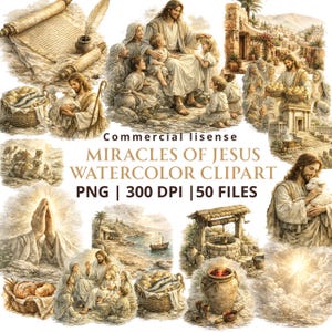 May include: Watercolor clipart set featuring religious scenes with Jesus, children, and various biblical elements. Includes images of miracles, scrolls, and baskets of food. The text reads "Miracles of Jesus Watercolor Clipart".
