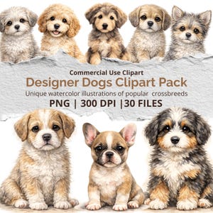 Designer Dogs Clipart Pack, Watercolor Crossbreed Puppies, Commercial Use (30 Files)