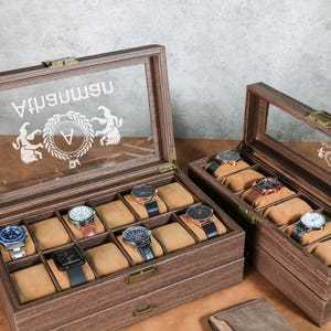 Personalised Brown PU Leather Watch Box for 6 12 slot Watches, Watch Storage, Husband&#39;s gift, Father&#39;s gift, Best Man Gift, Customized name
