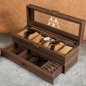 Personalised Brown PU Leather Watch Box for 6 10 slot Watches, Watch Storage, Husband&#39;s gift, Father&#39;s gift, Best Man Gift, Customized name