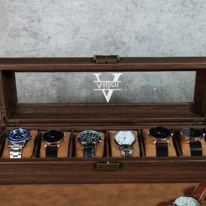 Personalised Brown PU Leather Watch Box for 6 12 slot Watches, Watch Storage, Husband&#39;s gift, Father&#39;s gift, Best Man Gift, Customized name