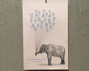 Large Elephant Thumbprint Balloon Print - Baby Shower or Birthday Party Guestbook