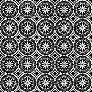 May include: A repeating pattern in black and white. The design features circular floral motifs with radiating petals, surrounded by intricate borders. The pattern is set against a backdrop of diamond shapes, creating a visually complex and symmetrical design.