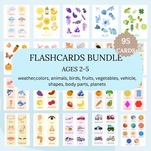 May include: A bundle of 95 flashcards for ages 2-5, featuring colorful illustrations of weather, colors, animals, fruits, vegetables, vehicles, shapes, body parts, and planets. The cards have a light blue background with various images.
