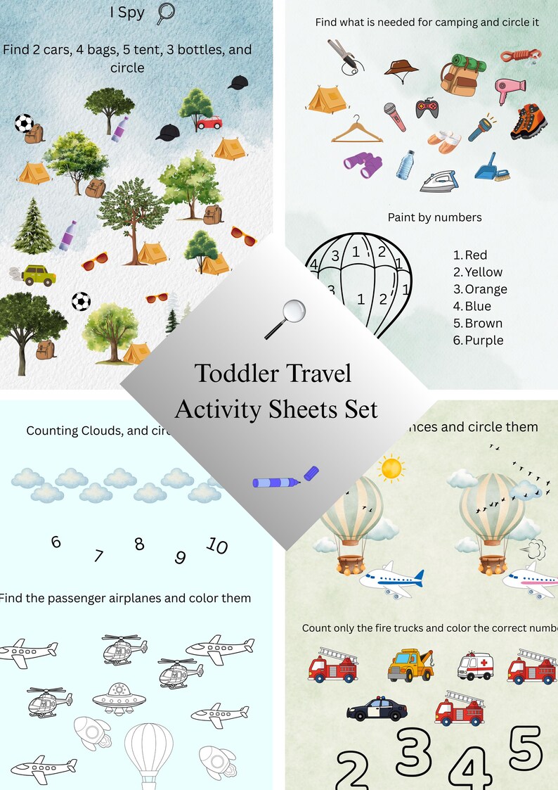 Kids Travel Activity Sheets Printable | Toddler Travel Pack Digital