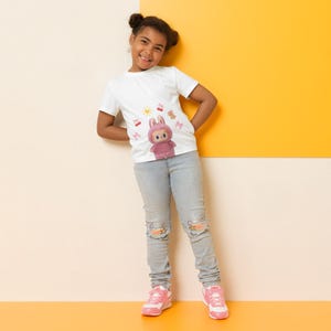 Camiseta de conejita Labubu: adorable camiseta kawaii de dibujos animados para niños | Camiseta de algodón suave | Top gráfico para niñas y bebés