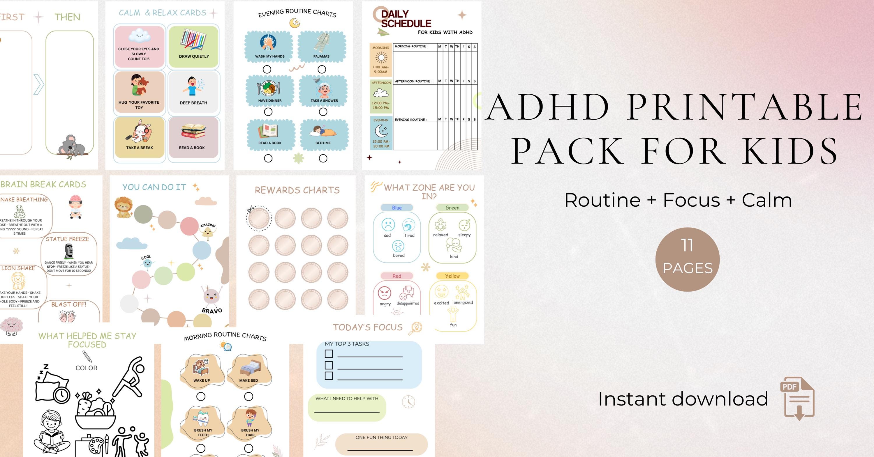 ADHD Kids Printable Pack, Visual Routine Chart, Calm Down Toolkit ...