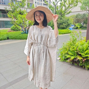 Natural Linen Kaftan dress, Linen maxi dress with waist tie and pockets, plus size clothing, loose Flax dress