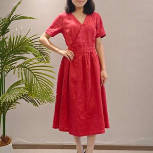 Summer Linen Dress, Linen wrap dress, Linen Midi Dress, Vintage maroon Linen dress, Linen Dress Women, Sleeveless Linen Dress,Linen clothing