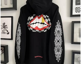 Beautiful Black inspired Pullover Hoodie Black Oversized Hoodie with Artistic Lip  Sleeve Design