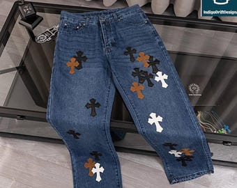 Jeans in denim patchwork incrociato: pantaloni larghi streetwear gotici Y2K