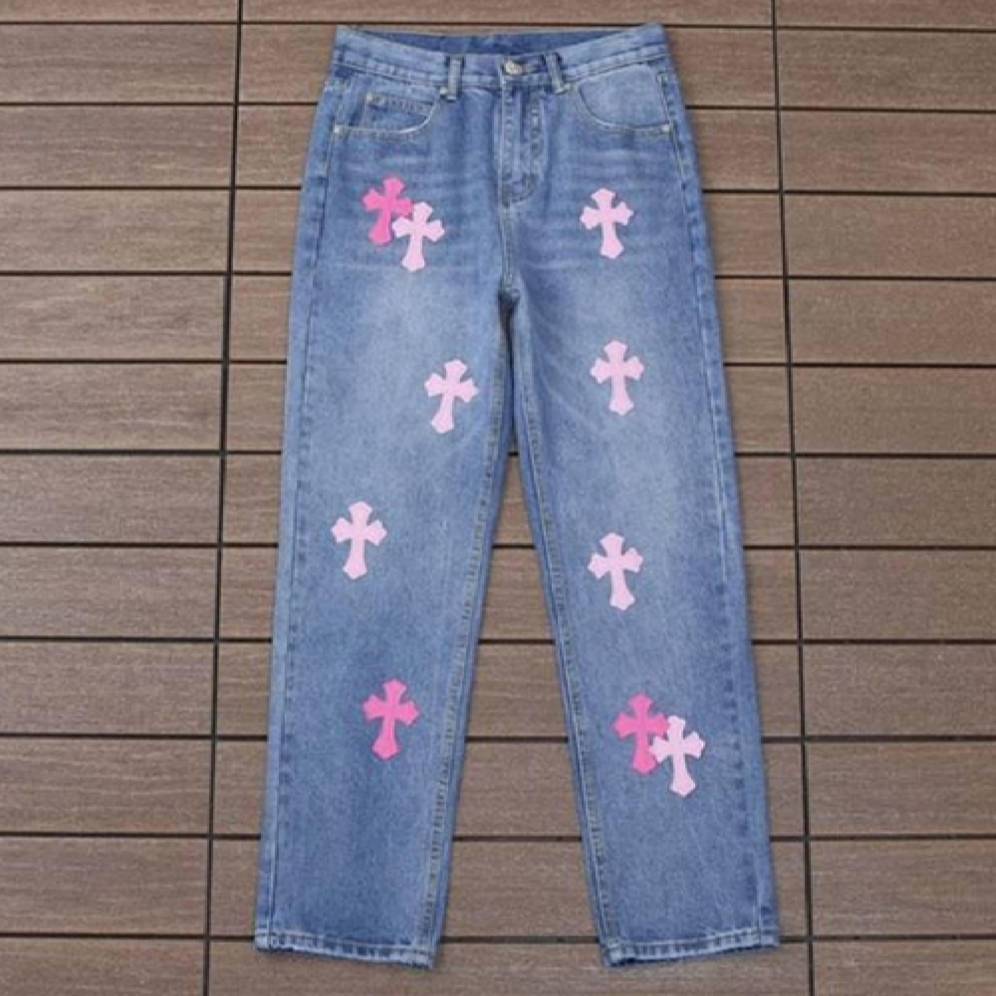 Jeans in denim vintage con toppa a croce rosa lavato – Stile unisex streetwear vestibilità ampia Y2K