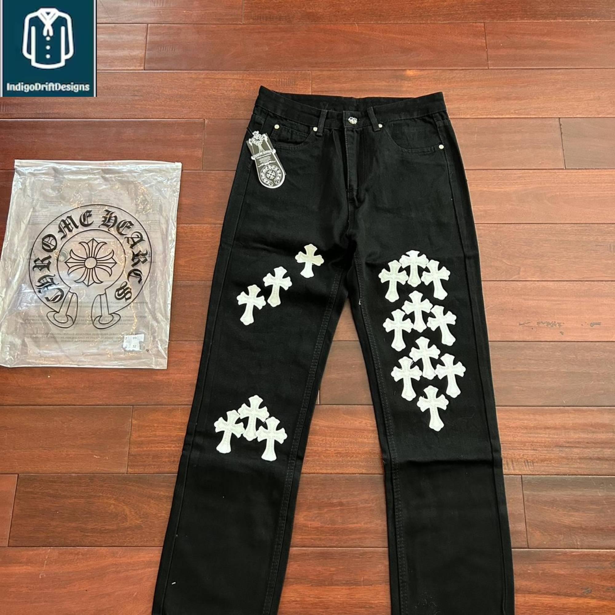 Black Denim Jeans with White Cross Patches Trendy Streetwear Pants Custom Slim Fit Jeans