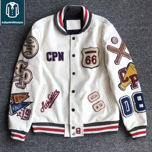 Vintage Style Varsity Jacke | Retro Letterman Baseball Bomber | Weiße Streetwear College Jacke
