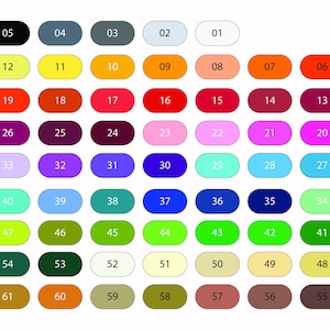 Pode incluir: Um gr&aacute;fico de cores com 61 formas ovais numeradas em uma grade. Cada oval exibe uma cor s&oacute;lida diferente, variando do preto ao branco, e incluindo tons de vermelho, azul, verde, amarelo e roxo. Os n&uacute;meros de 01 a 61 s&atilde;o impressos em preto.