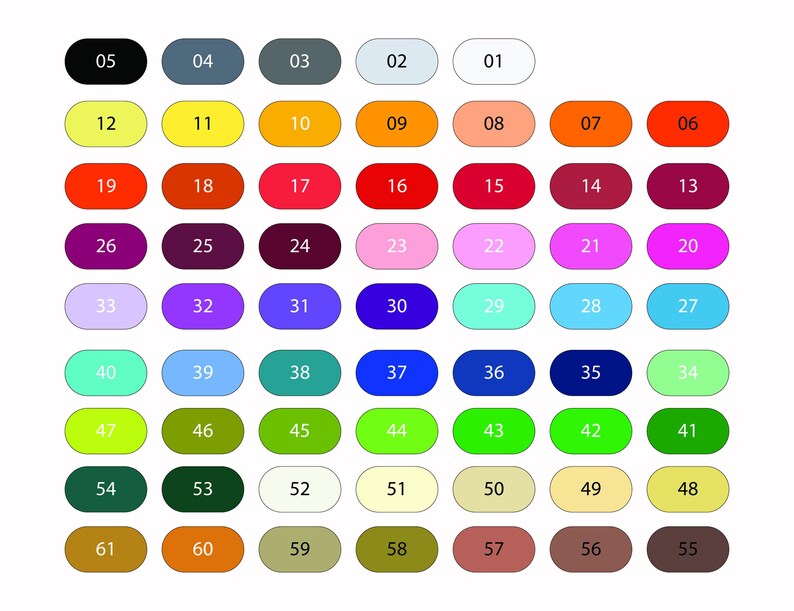 Pode incluir: Um gr&aacute;fico de cores com 61 formas ovais numeradas em uma grade. Cada oval exibe uma cor s&oacute;lida diferente, variando do preto ao branco, e incluindo tons de vermelho, azul, verde, amarelo e roxo. Os n&uacute;meros de 01 a 61 s&atilde;o impressos em preto.