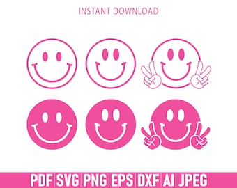 Smiley Face SVG Bundle: Groovy Happy Face, Peace Sign (Digital Download)