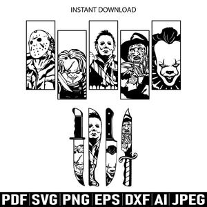 May include: Black and white digital art featuring iconic horror movie characters and knives. The characters include Jason Voorhees, Chucky, Michael Myers, Freddy Krueger, and Pennywise. The knives have character faces on the blades. Text reads "INSTANT DOWNLOAD".