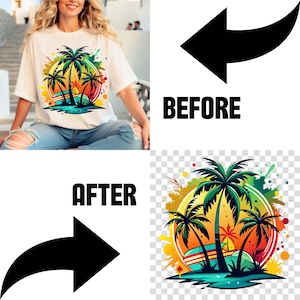 Könnte beinhalten: Weißes T-Shirt mit einem farbenfrohen tropischen Design. Die Grafik zeigt Palmen, ein Surfbrett und eine Sonnenuntergangsszene. Das Design ist vor einem lebendigen Hintergrund mit Farbspritzern platziert.