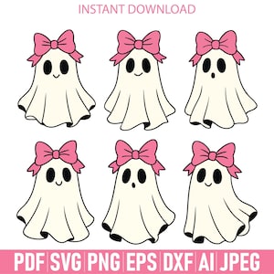May include: Six cartoon ghosts with pink bows, black eyes, and smiling mouths. The ghosts are white with a flowing sheet design. The image includes the text "INSTANT DOWNLOAD" and file type options: PDF, SVG, PNG, EPS, DXF, AI, JPEG.