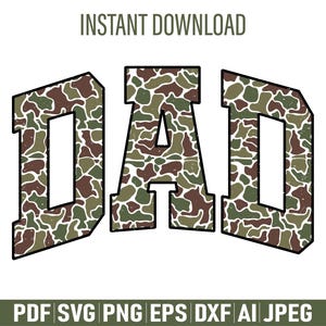 May include: A digital file for a camouflage pattern design that spells out "DAD". The design is in a green, brown, and white camouflage pattern.