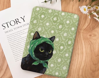 Black Cat with Green Scarf Kindle Case 2024 Kindle Paperwhite 7", Kindle 12th Gen Cover, Colorsoft Strap Case, Auto Sleep/Wake