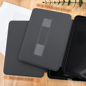 May include: Two gray tablet cases, one with a built-in hand strap and the other without. The case with the hand strap has a black elastic strap that is sewn into the case. The case without the hand strap has a smooth surface. Both cases have a black and white honeycomb pattern on the inside.