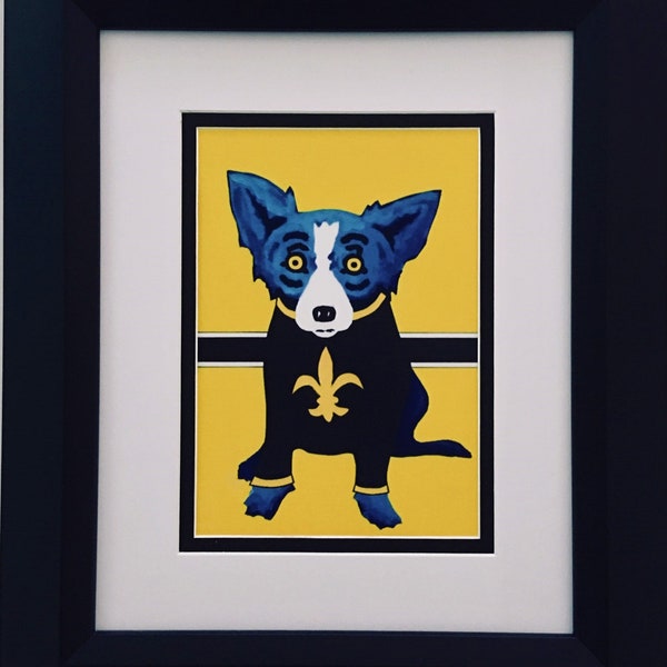 George Rodrigue BLUE DOG Saints Promotional Postcard - White Mat- Black Frame - 11 in  x  13 in