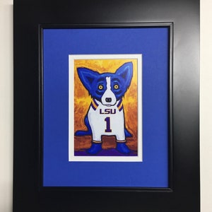 George Rodrigue Blue Dog LSU POSTCARD -  "A Number One Tiger Fan" - Black frame - overall  size: 11" x 13"