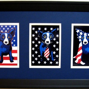 George Rodrigue Blue Dog Patriotic Trio 22 in x 12 in Buyers Choice of Mat Color image 1