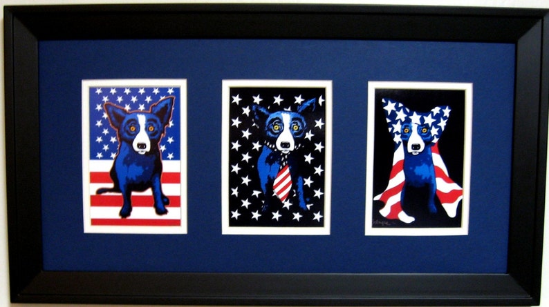 George Rodrigue Blue Dog Patriotic Trio 22 in x 12 in Buyers Choice of Mat Color image 1