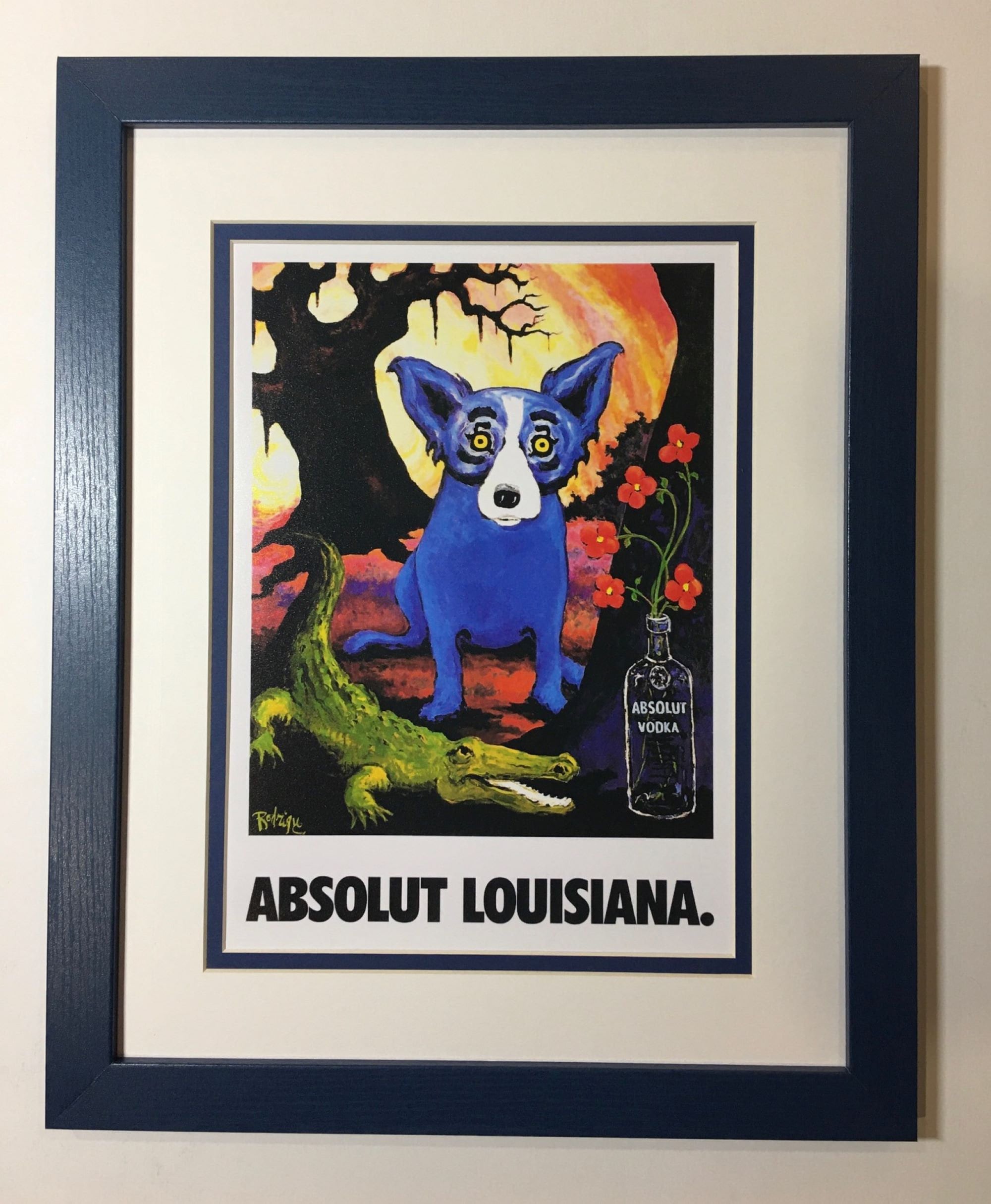 George Rodrigue Blue Dog Print: Absolut Louisiana Ad, Navy Frame