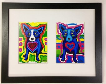 Framed George Rodrigue Blue Dog "Mixed Media" Desk Calendar SET - Framed  -  15.75" x 12.5" -Overall