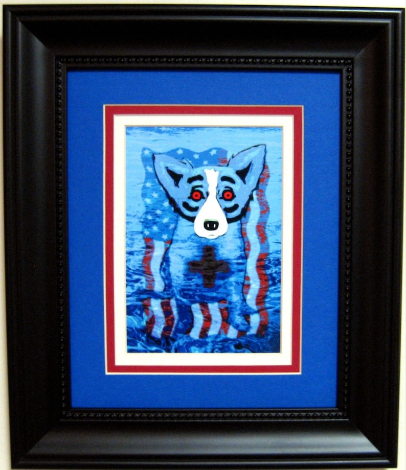 George Rodrigue Blue Dog We Will Rise Again Postcard BLACK FRAME 11 x 13 overall size image 1