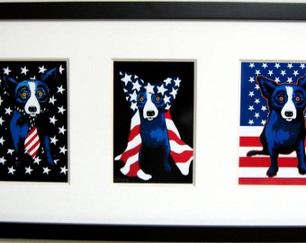 George Rodrigue Blue Dog Patriotic Note Card Trio -  Framed - 22" x 12" overall size