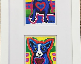 George Rodrigue BLUE DOG Mixed Media Card Set - Double Matted in Vertical Frame - 12"  x  22" overall size